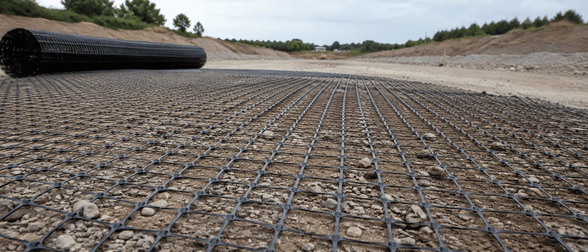 Geogrid reinforcement installed across prepared ground