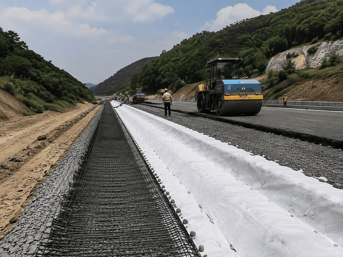 Geosynthetic construction for road and railway engineering
