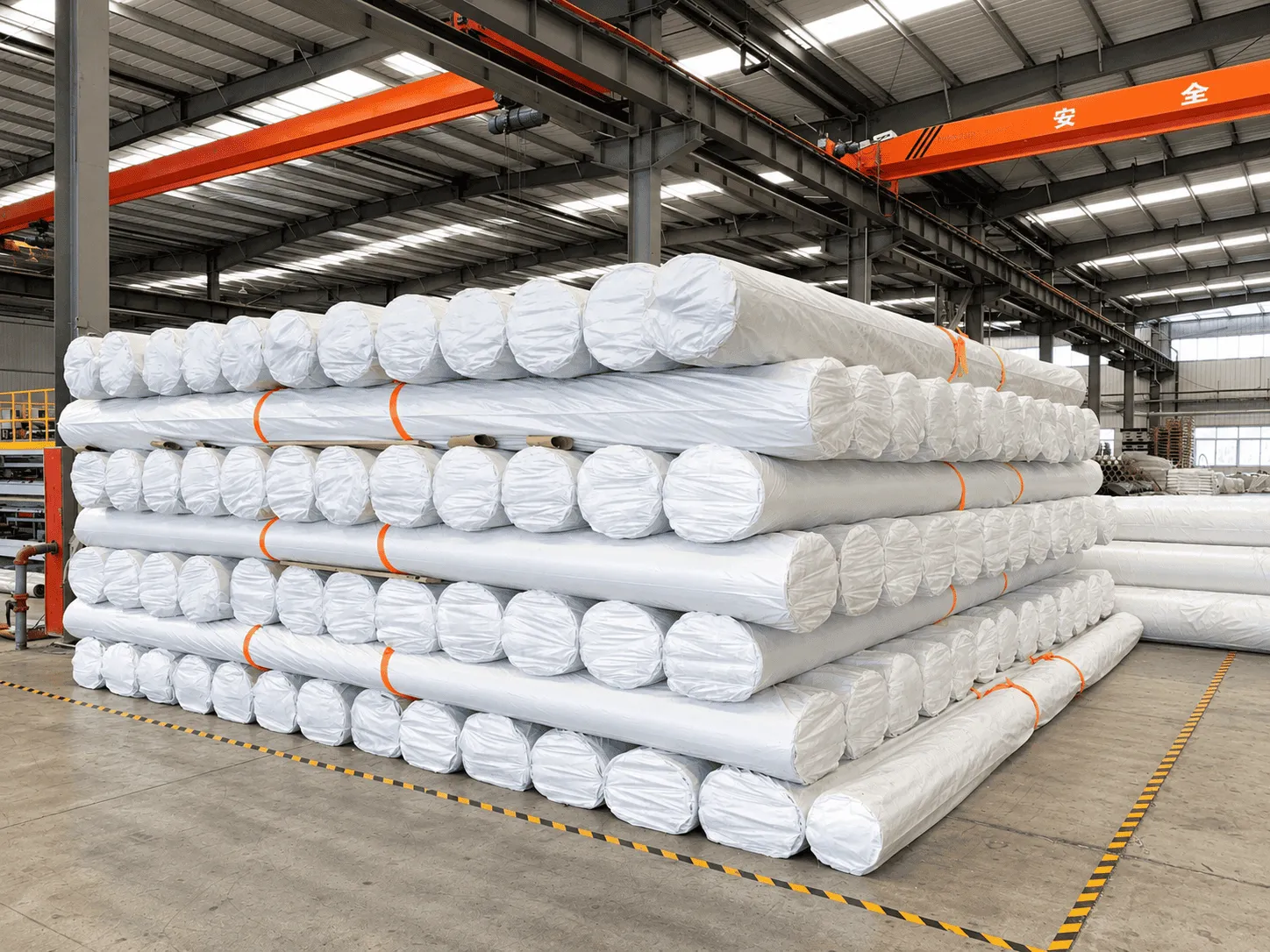 Finished geosynthetic products organized for order preparation