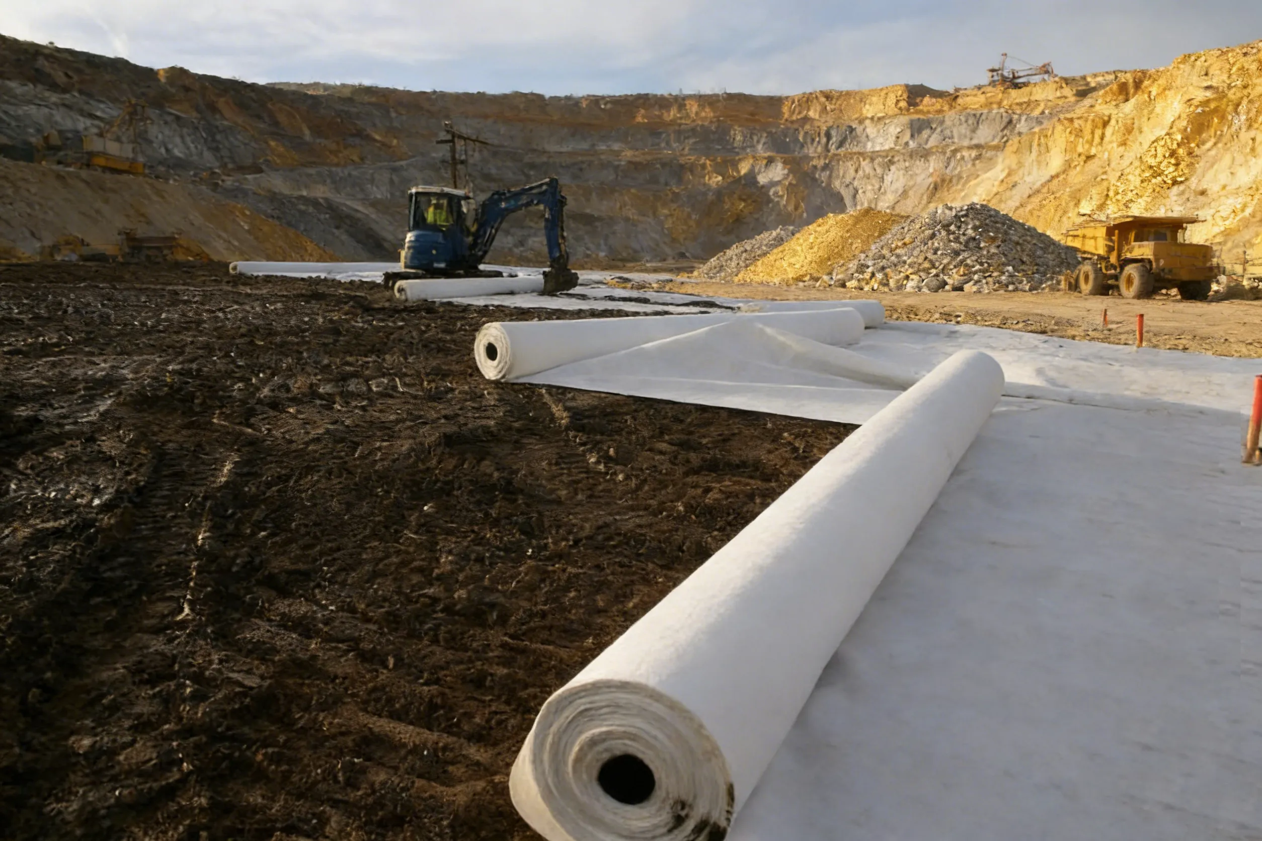Roll of white polypropylene needle-punched nonwoven geotextile