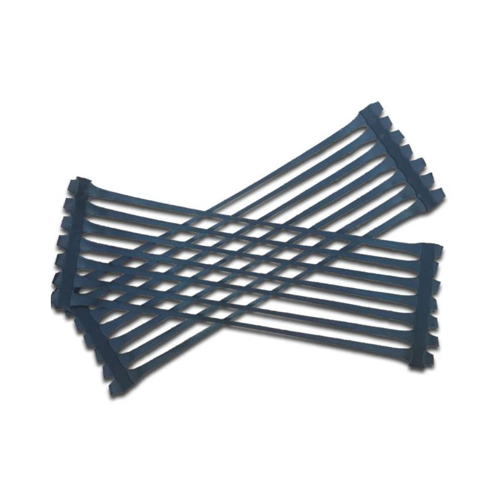 Close-up view of uniaxially stretched plastic geogrid